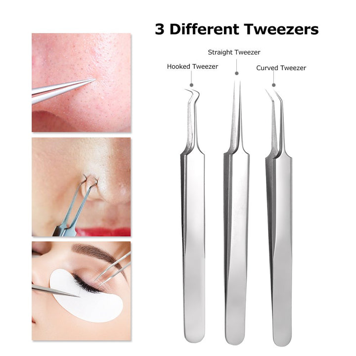 Pinkiou Acne Needle Kit Curved Blackhead Remover Tweezers for Blemish Dermatologist Grade Nose Pimple Comedone Extractor Tool Set with Silver Metal Case (5pcs a pack)