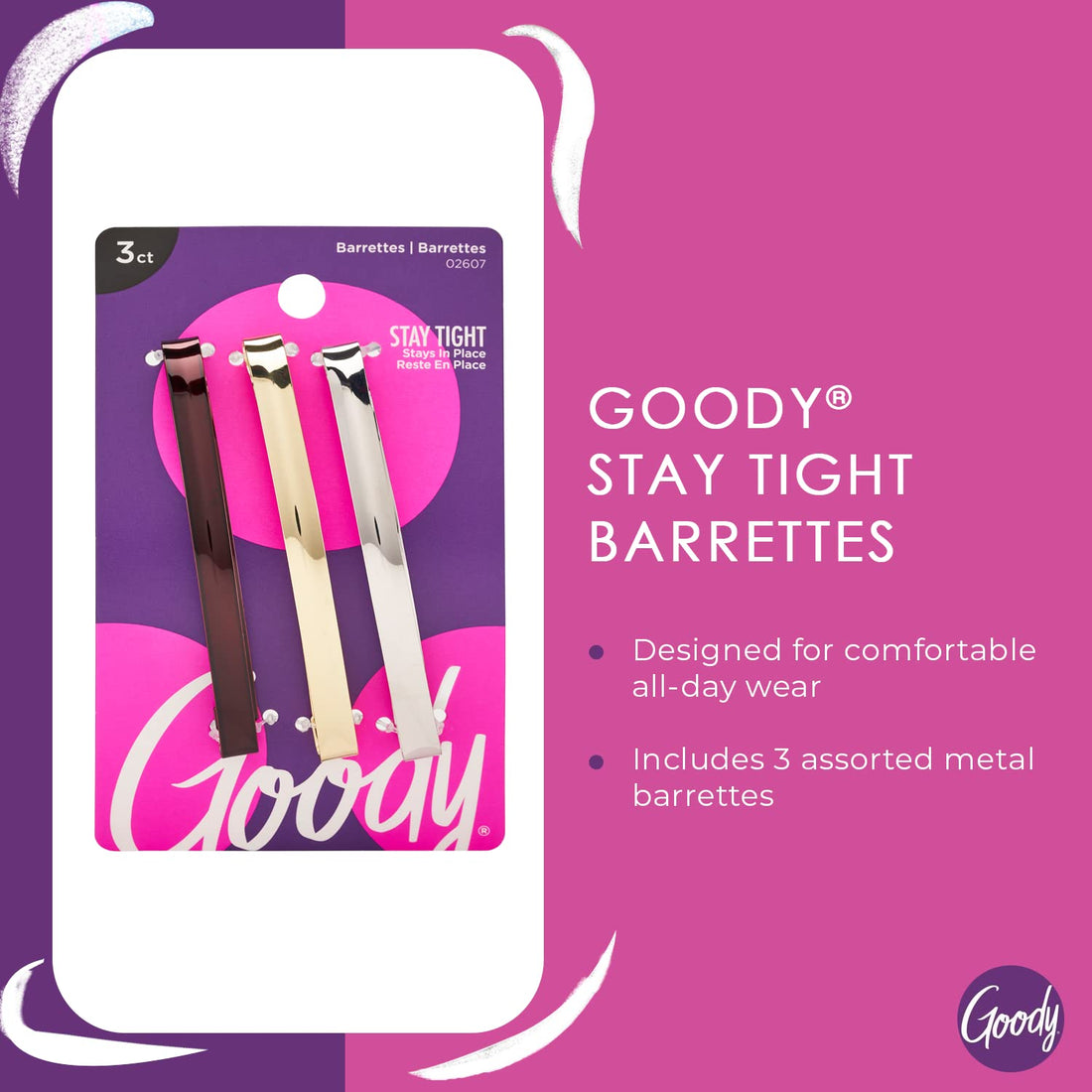 Goody Metal Hair Barrettes Clips - 3 Count, Assorted Colors - Slideproof and Lock-In Place - Suitable for All Hair Types - Pain-Free Hair Accessories for Men, Women, Boys, and Girls - All Day Comfort