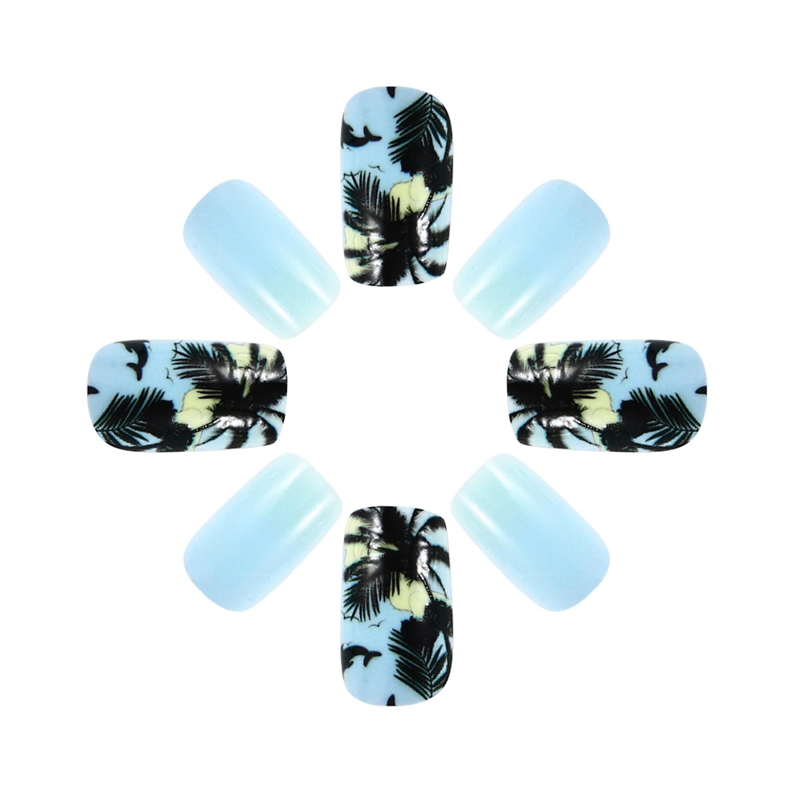 Summer Press on Nails Medium Square Fake Nails with Coconut Tree Starfish Fish Designs Blue Seagull Beach Palm Pattern False Nails Tropical Full Cover Glossy Artificial Acrylic Stick on Nails 24Pcs