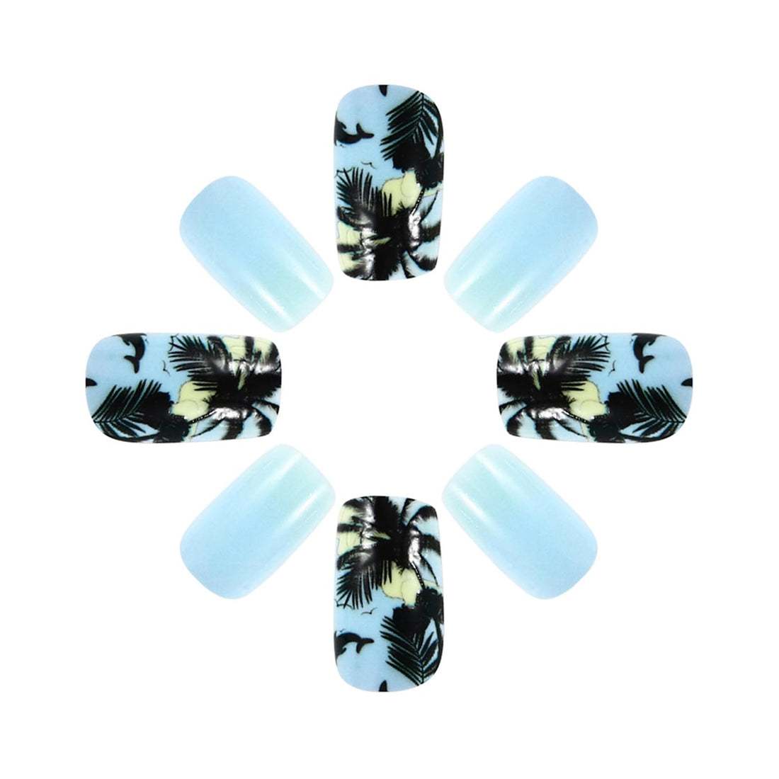 Summer Press on Nails Medium Square Fake Nails with Coconut Tree Starfish Fish Designs Blue Seagull Beach Palm Pattern False Nails Tropical Full Cover Glossy Artificial Acrylic Stick on Nails 24Pcs
