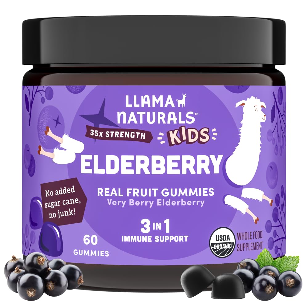 Llama Naturals Real Fruit Sambucus Elderberry Gummies for Kids | No Added Sugar Cane, Vegan, Organic Toddler Immune Support | Zinc & Natural Vitamin C | Children Immunity Boost | 60 ct (30 Days)