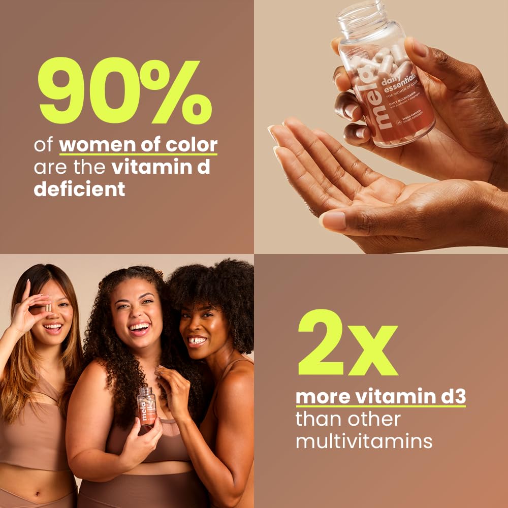 Mela Daily Essentials Multivitamin for Melanated Women - High-Dose Vitamin D3 and B12, Probiotics, Lion's Mane, Ceylon Cinnamon - Vegan, Gluten Free, Non-GMO, 30 Day Supply (60 Capsules)