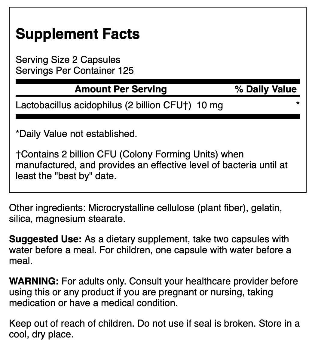 Swanson Lactobacillus Acidophilus - Probiotic Supplement Supporting Digestive Health with 1 Billion CFU Per Capsule - Promotes Bowel and GI Tract Health - (250 Capsules)
