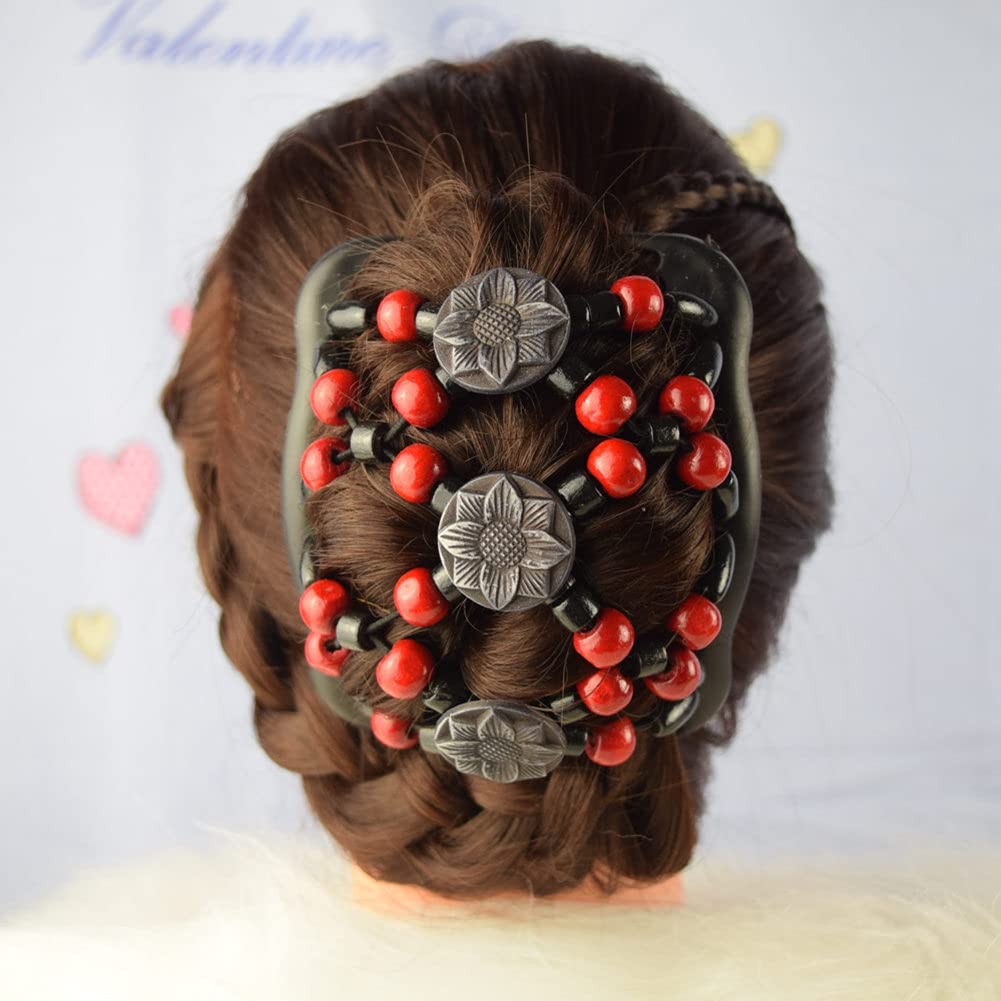 Lovef Women Magic Combs Wood Beaded Stretch Double Side Combs Clips Bun Maker Hair Accessories (Round Black)
