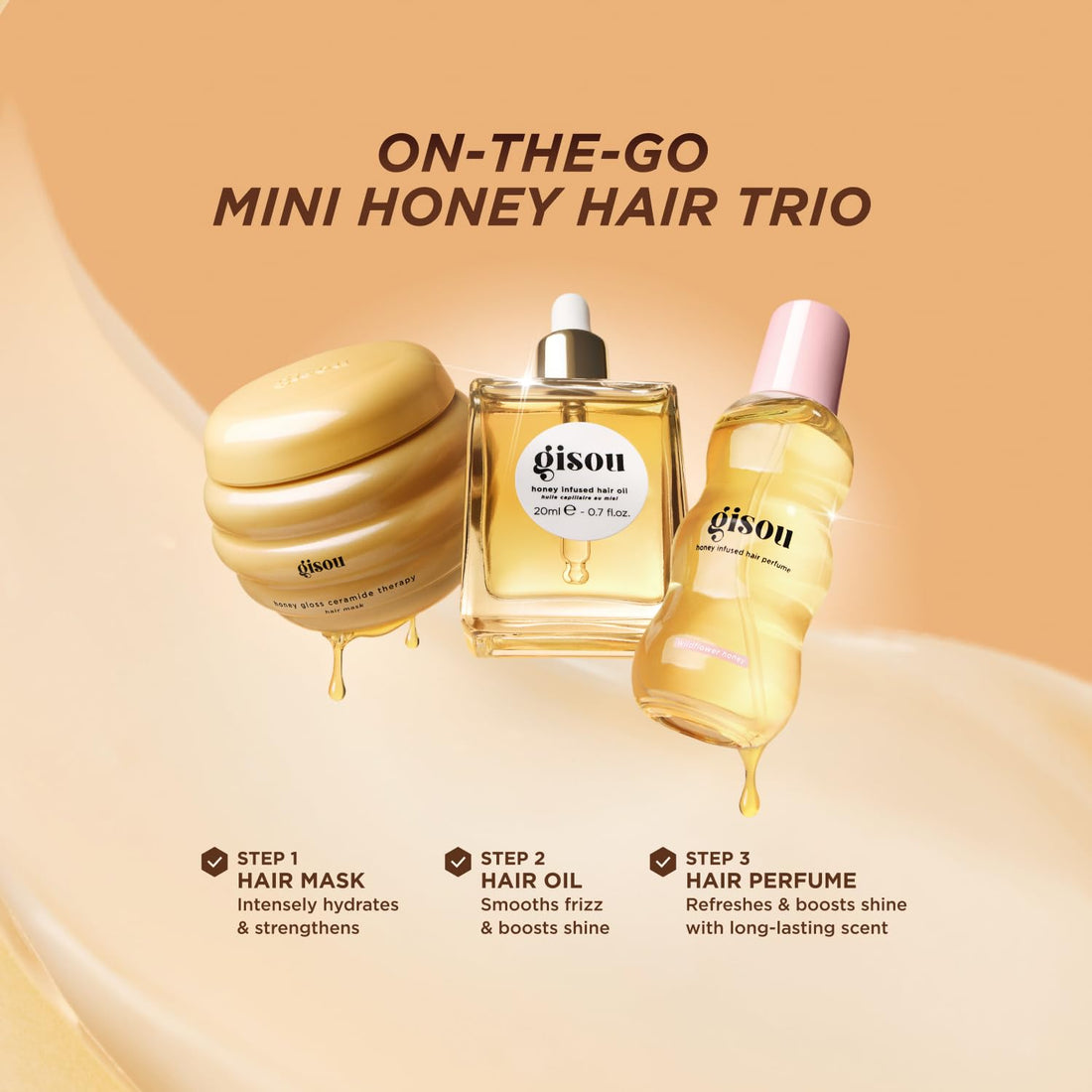 Gisou On-The-Go Honey Hair Travel Set For Instant Hydration, Strength, Shine & Frizz Control | Includes 3 Mini Hair Products