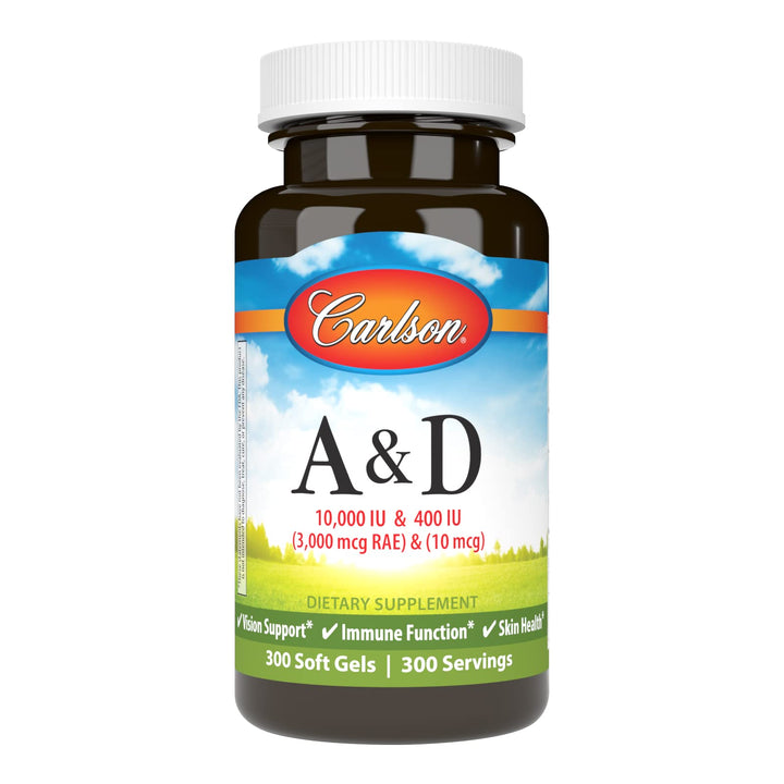 Carlson - A & D, 10000 IU (3000 mcg RAE) Vitamin A, 400 IU (10 mcg) Vitamin D3, Vision Support, Skin Health, 300 Soft Gels