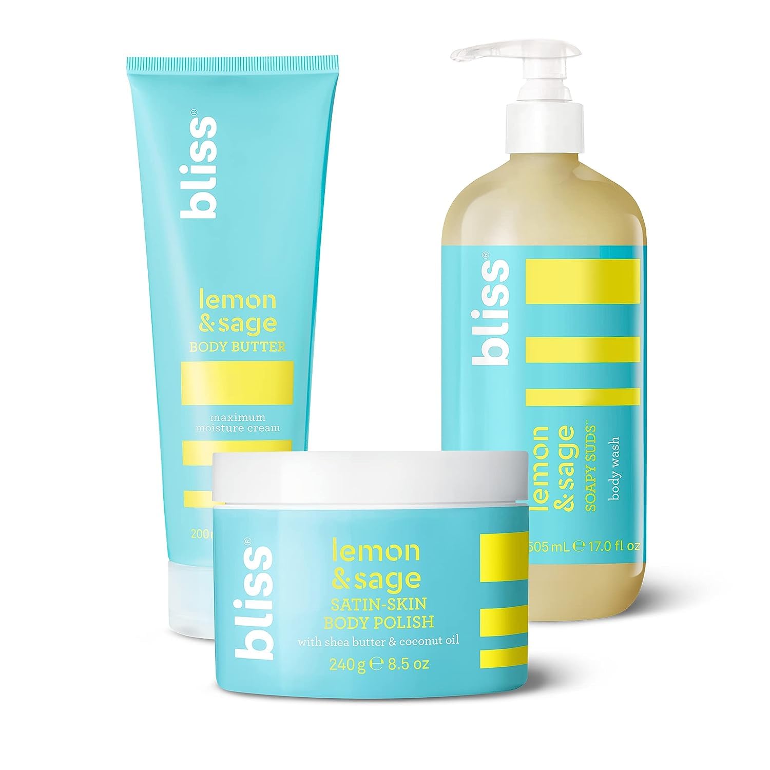 Bliss Lemon & Sage Trio: Soapy Suds Body Wash, Exfoliating Body Scrub & Lemon & Sage Body Butter – Hydrating & Nourishing for Soft, Radiant Skin