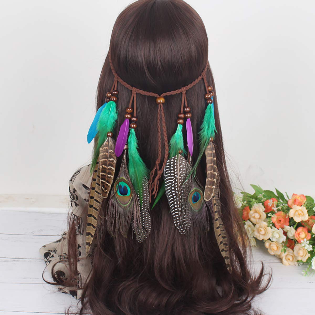 Fodattm C# : Set Of 2 Bohemian Peacock Feather Headband Headdress And Armband Hippie Headwear Headpiece Handmade Tribal Indian Fascinator Feather Hairband Hair Accessories For Girls Women