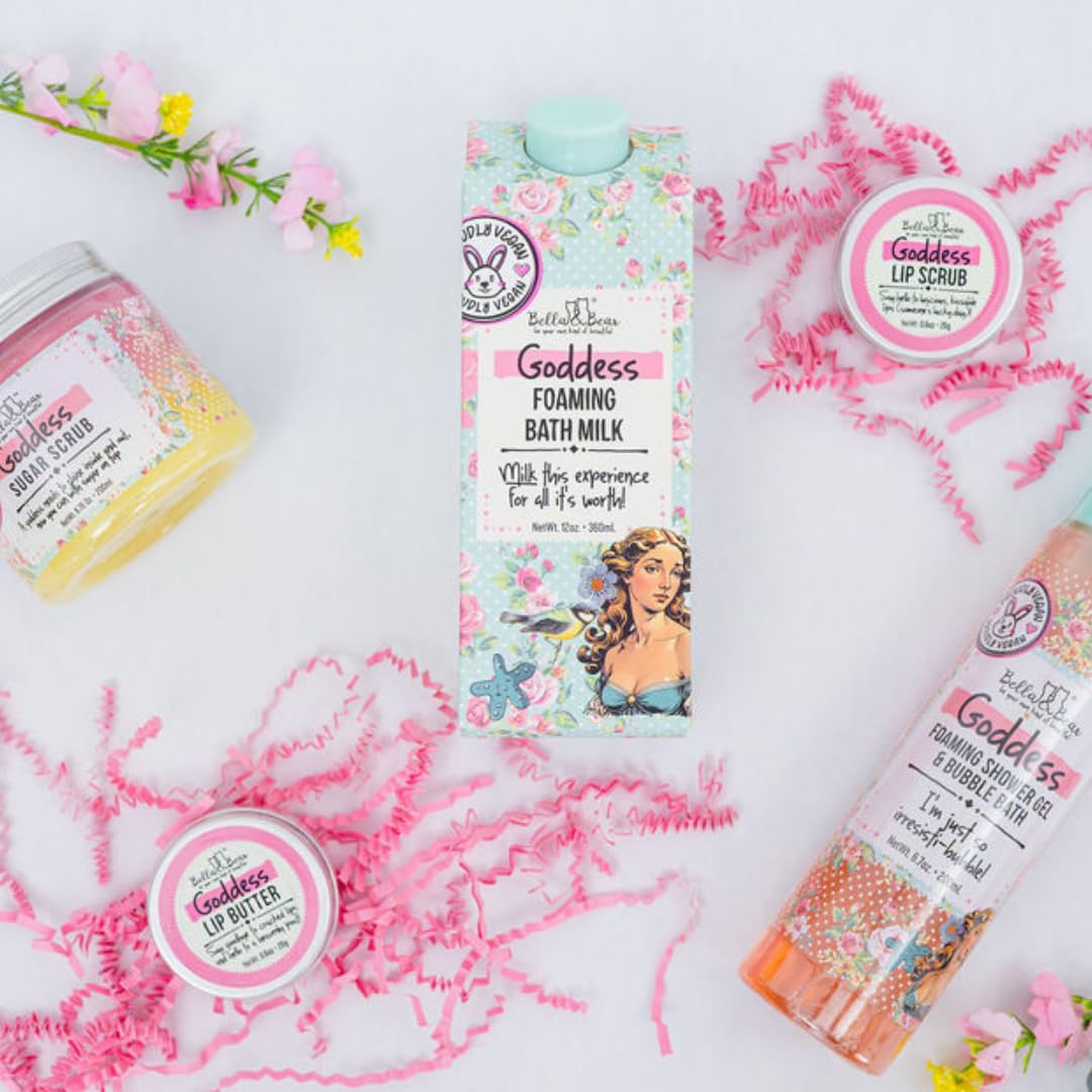 Bella & Bear Goddess Mega Bath & Body Gift Set with Foaming Shower Gel & Bubble Bath, Bath Milk, Body Scrub & Lip Scrub and Lip Butter - Gift for Women for Easter gifts or Mothers Day basket.