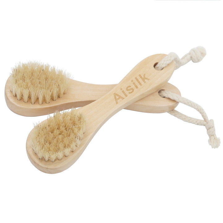 Aisilk 2pcs Natural Bristle Wood Handle Face Facial Skin Scrub Cleaner Cleansing Brush