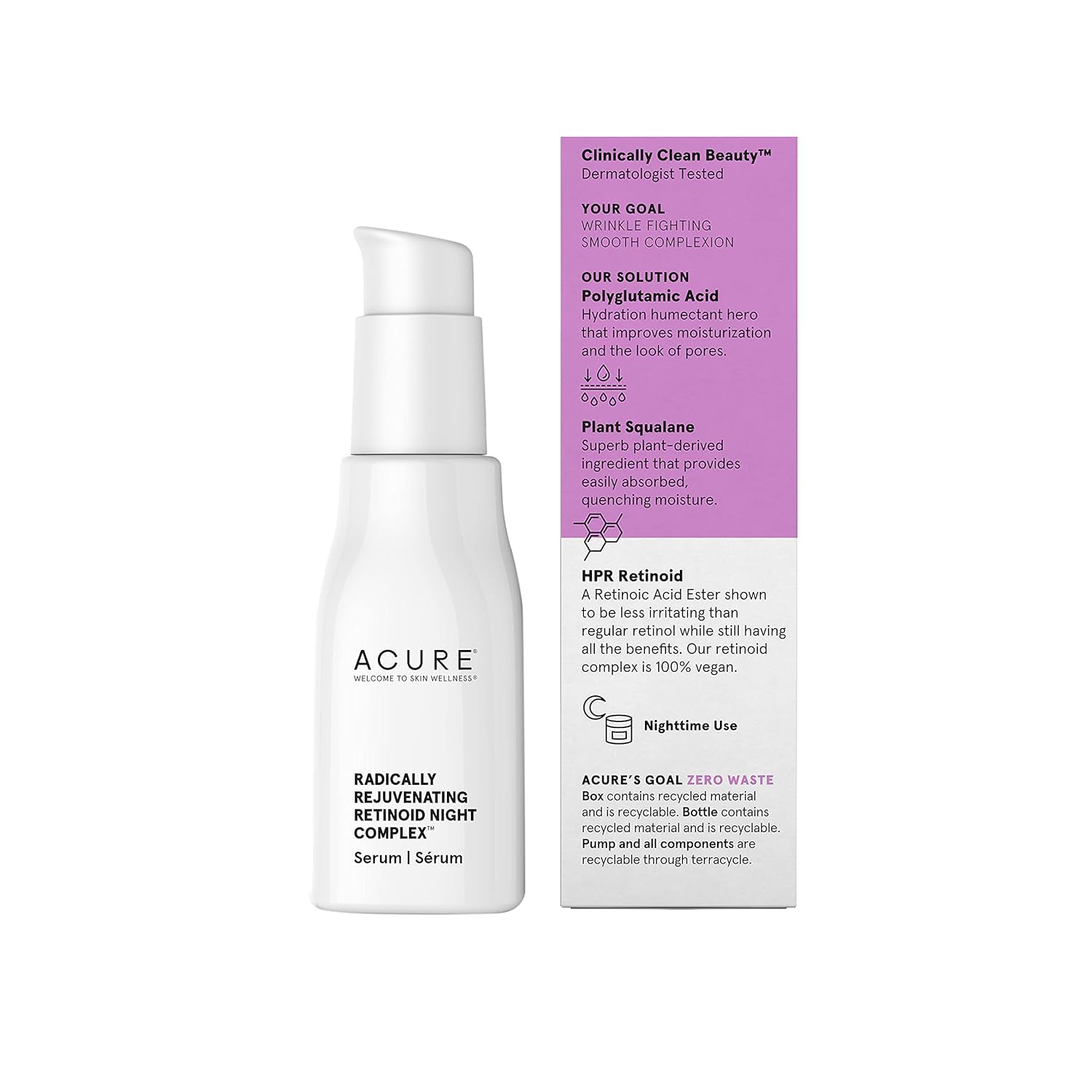 Acure Radically Rejuvenating Retinoid Overnight Complex, 100% Vegan for Age Performance with Polyglutamic Acid & Plant Squalane, Smoothes Complexion & Fights Wrinkles