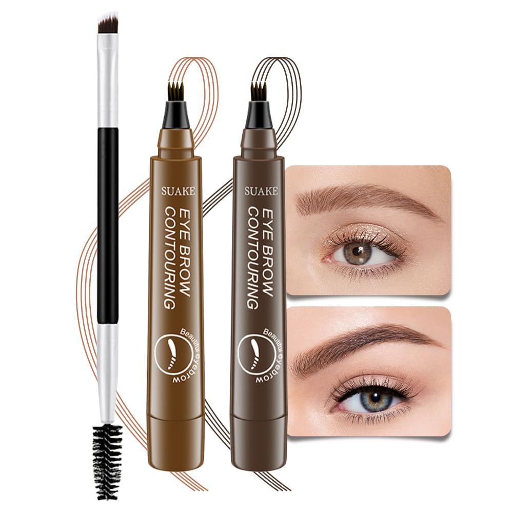 Kaely 2Pcs Light Dark Brown Microblade Eyebrow Pen With Brush, Magical Precise Waterproof Brow, Suake Eyebrow Contouring, 4 Tip Eye Brow Pencils for Women, Creates Natural Brows, Sponge Head 01+02