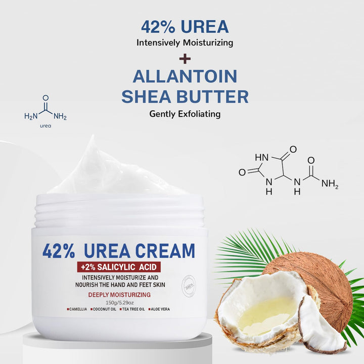 OUKEYA Urea Cream 42% plus Salicylic Acid 2% Net 5.29 Oz for Dry Cracked Feet, Heels, Knees, Elbows, Hands Repair Treatment. Moisturizes and Removes Corns, Calluses, Dead Skin, and Softens Toenails