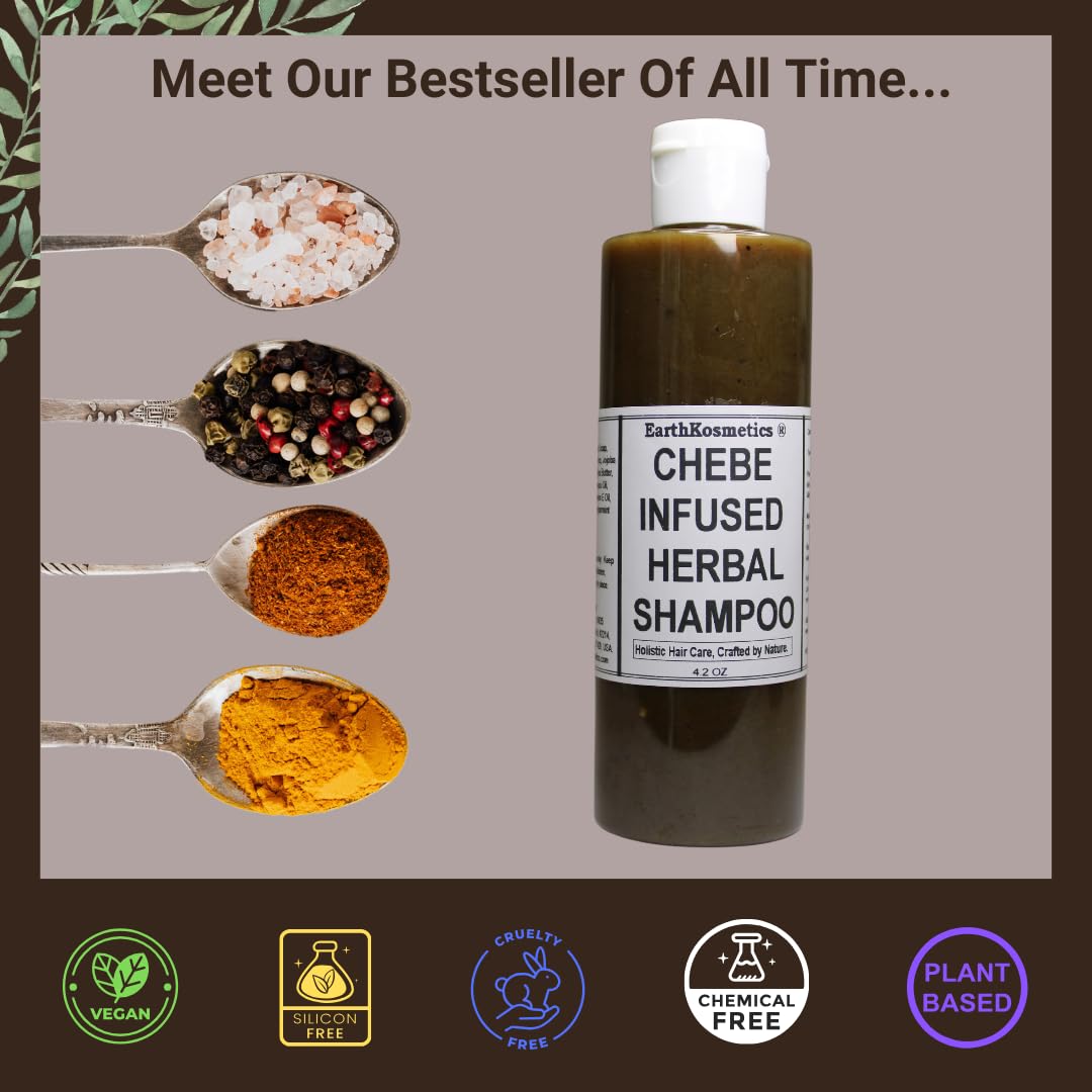 earth Kosmetics Herbal Chebe Shampoo with African Black Soap & Shea Butter: Strengthen and revitalize your hair with this blend of potent herbs and oils for growth, hydration, and shine. 4.2oz
