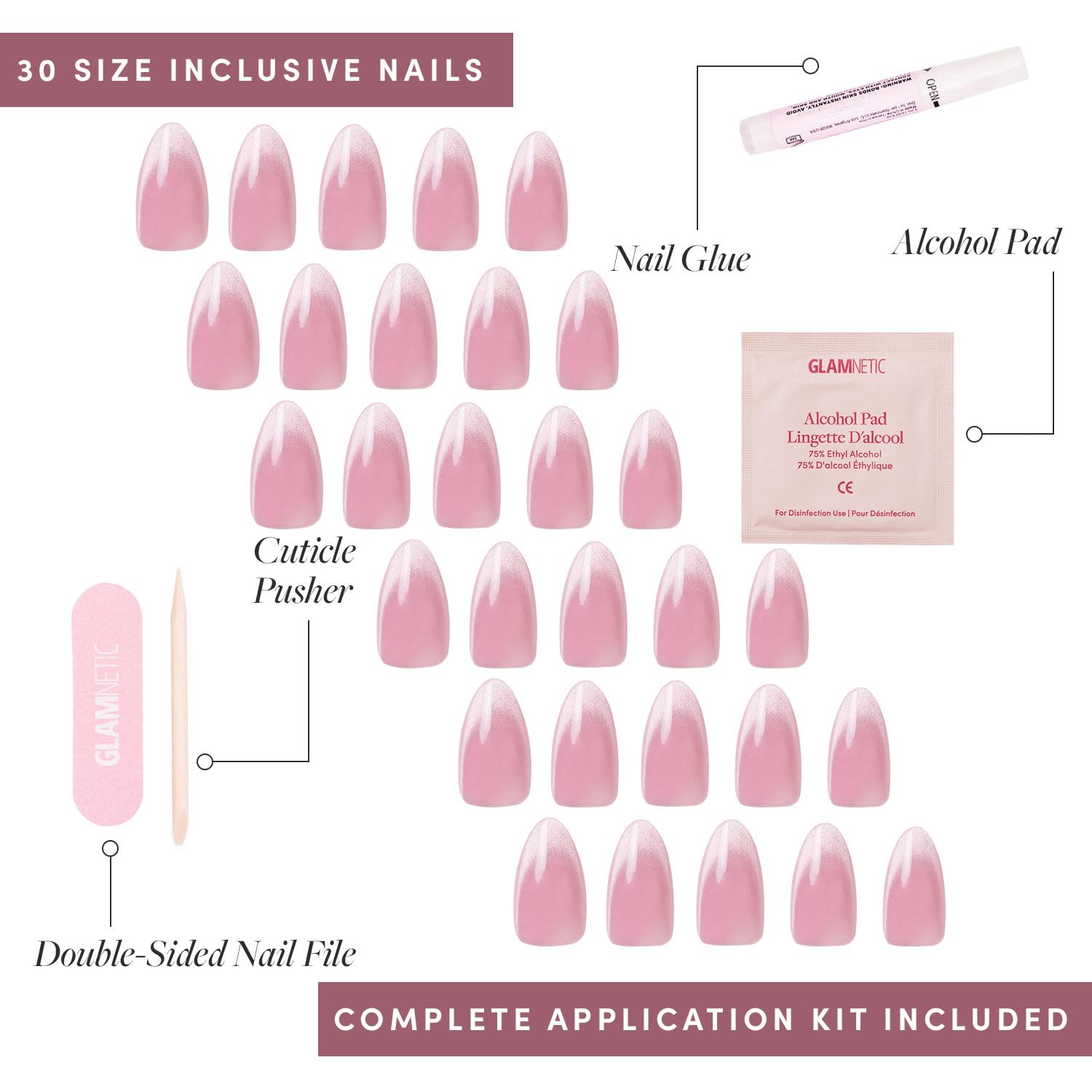 Glamnetic Press On Nails - Lovers Blush | Opaque, Glossy Velvet Pink Nails, Salon Quality | 15 Sizes - 30 Nail Kit with Glue