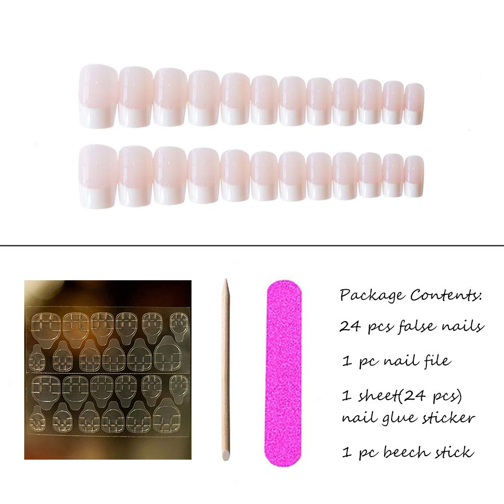 Aimimier 24Pcs French False Nails Simple Pink Nude Glossy Full Cover Artificial Fingernails Medium Square Fake Nails with Glue for Women and Girls (Style 8)