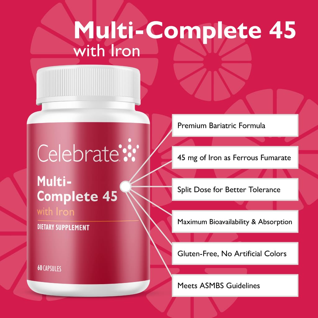 Celebrate Vitamins Multi-Complete, 45mg Iron – Daily Bariatric Multivitamin for Sleeve Gastrectomy and Gastric Bypass Surgery Patients – Essential Vitamins & Minerals (60 Capsules)
