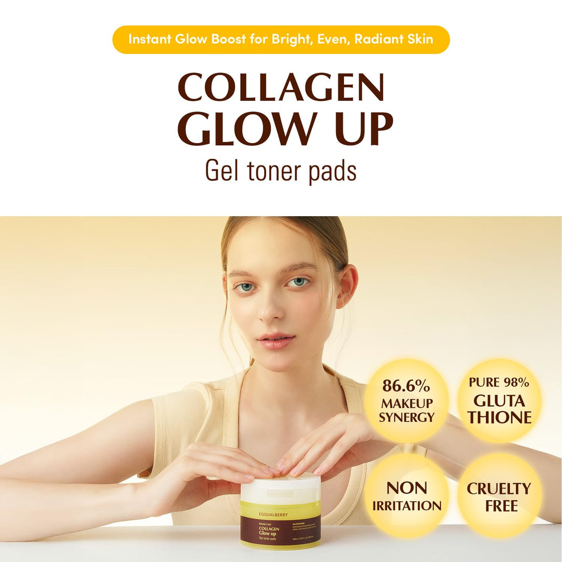 EQQUALBERRY Collagen Glow Up Gel Toner Pads – Brightening Korean Jelly Pad with Deep Absorption Collagen, Hydrating & Glow-Boosting Formula, 4.73 FL.OZ. (140ml) / 60 Pads