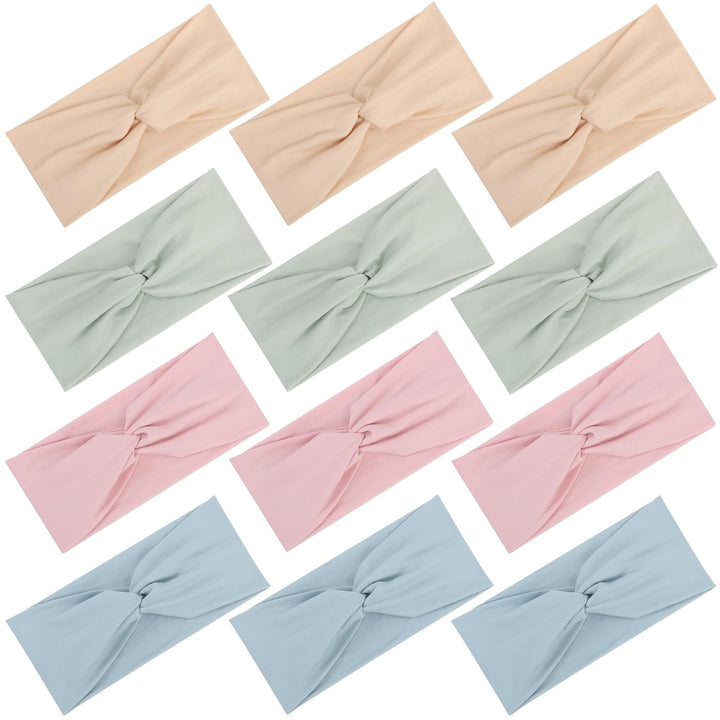12 Pcs Stretchy Headbands for Women, Absorbed Sport Headband Soft Twist Knotted Hairbands for Daily Life Yoga Workout(Light yellow/Pink/Blue/Green)