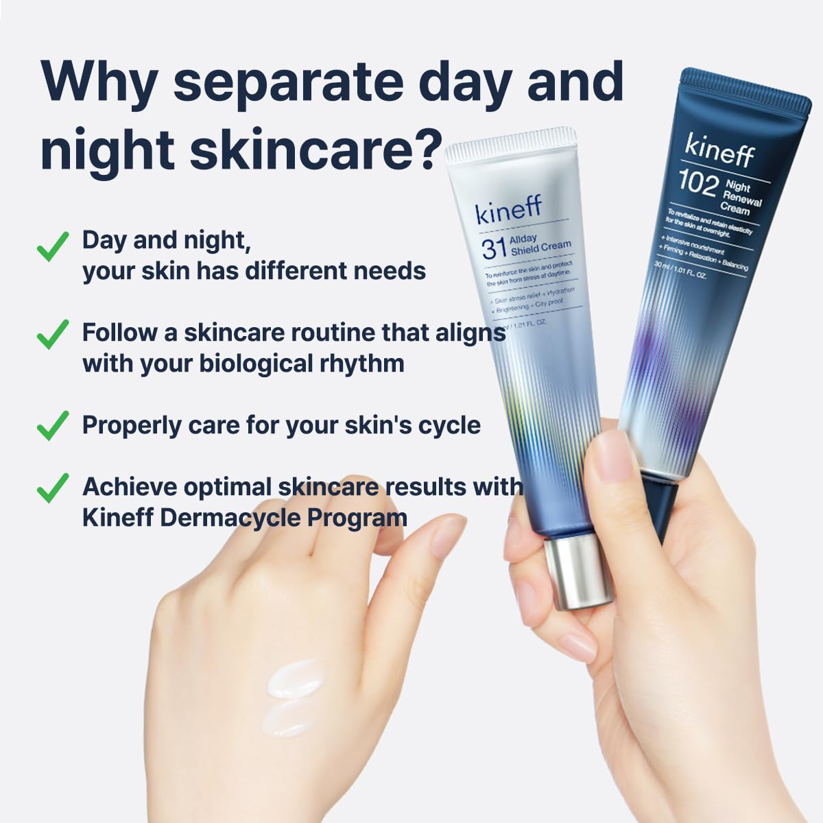 Kineff Dermacycle Program All-day & Night 2-Pack Cream for Face, 31 All-Day Shield Cream & 102 Night Renewal Cream, Centella Asiatica and Niacinamide, Korean Skincare (New Package)