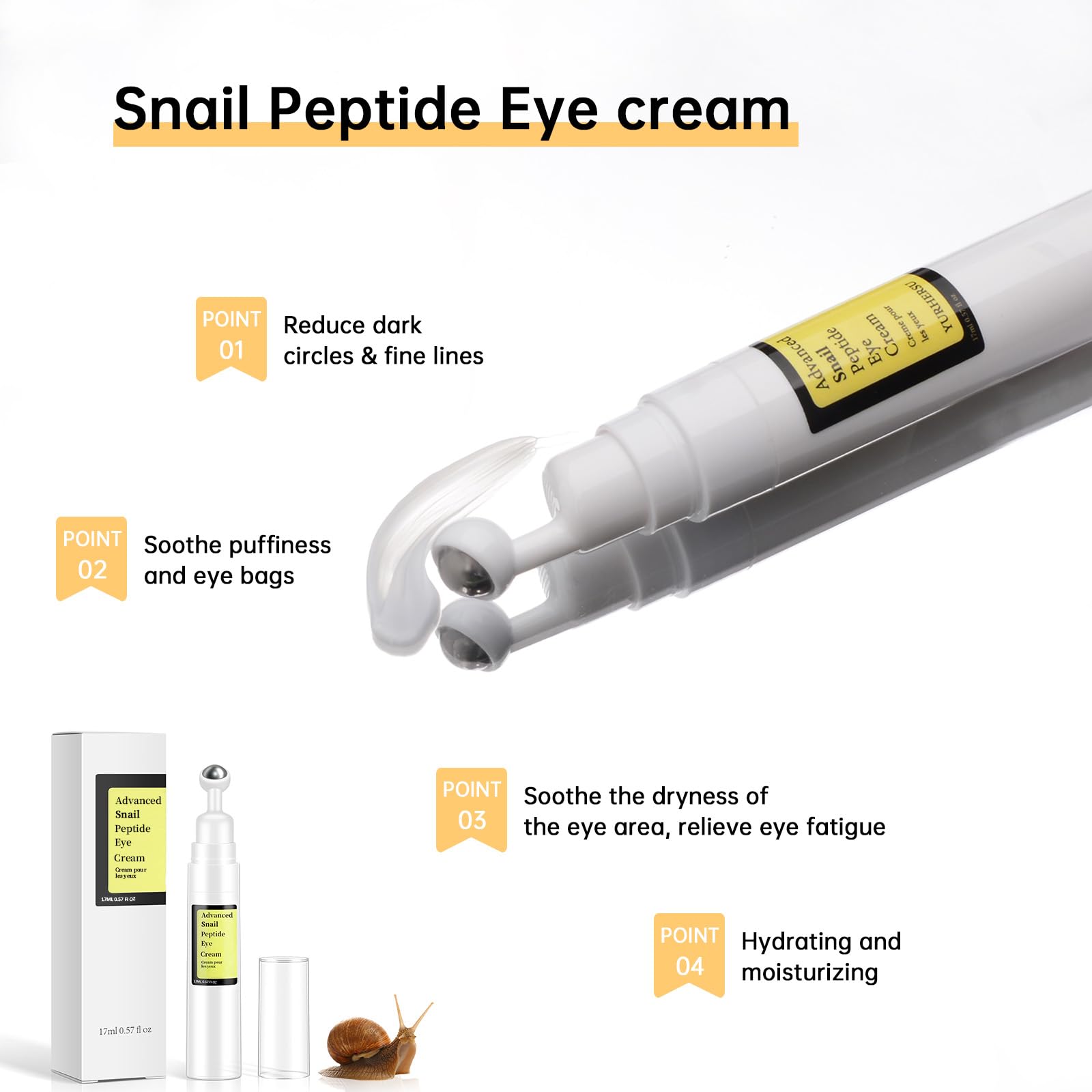 MIZEEYE Snail Peptide Eye Cream For Moisturizing, 17 ML Snail Mucin Under Eye Cream With Niacinamide, Hyaluronic Acid For Dark Circles, Puffiness and Fine Lines.
