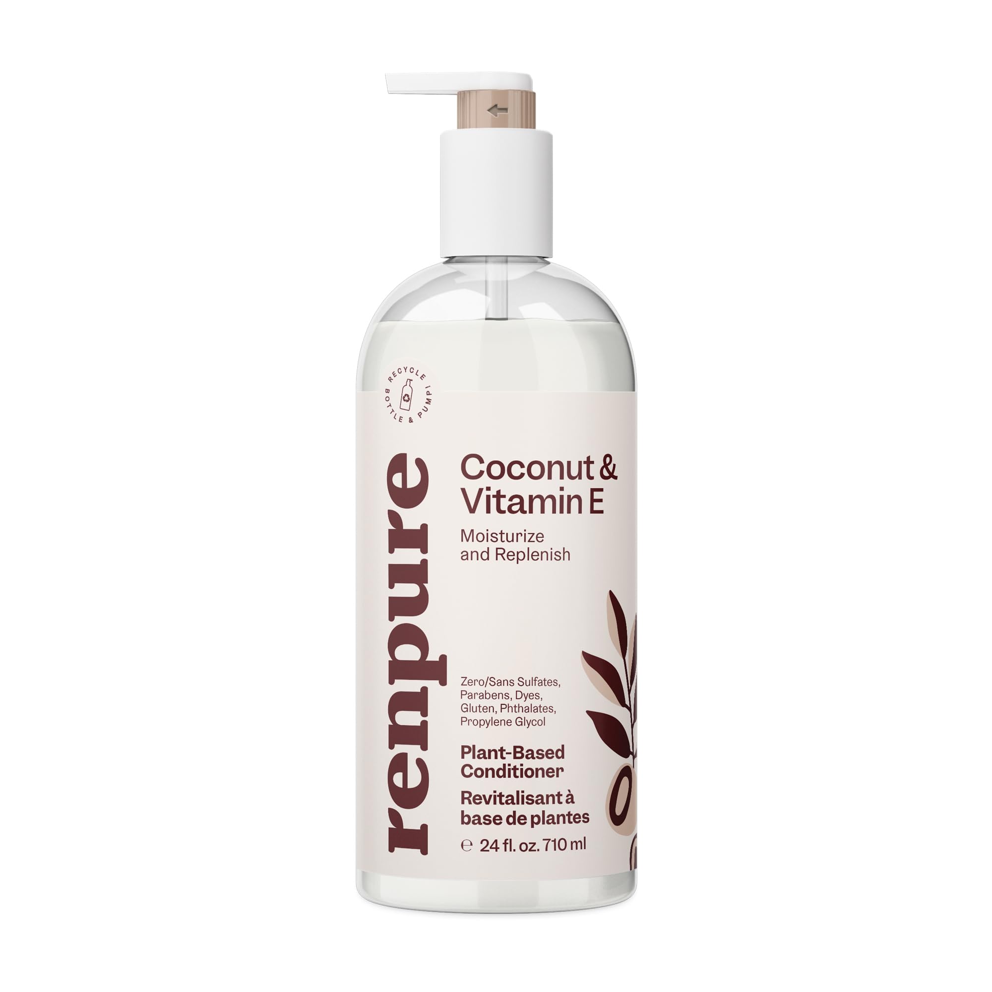 Renpure Plant Based Coconut and Vitamin E Moisturize and Replenish Conditioner - Ideal for Dry, Lifeless Hair - Leaves Hair Silky and Smooth - Paraben Free - Recyclable, Pump Bottle Design - 24 fl oz