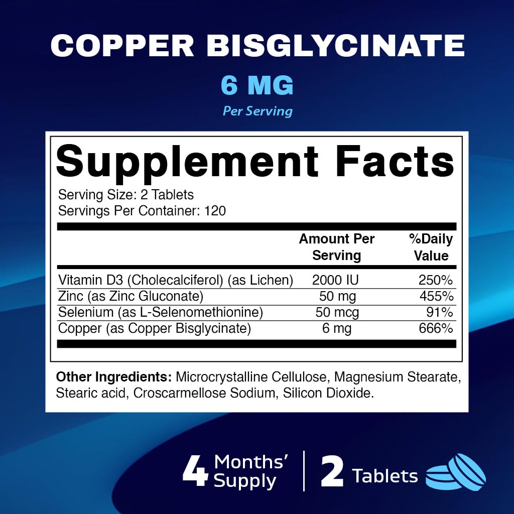 Vitamatic Copper Bisglycinate 6 mg Made with Vitamin D3 2000 IU, Zinc 50mg, Selenium 50mcg - 240 Tablets - Non-GMO & Gluten Free