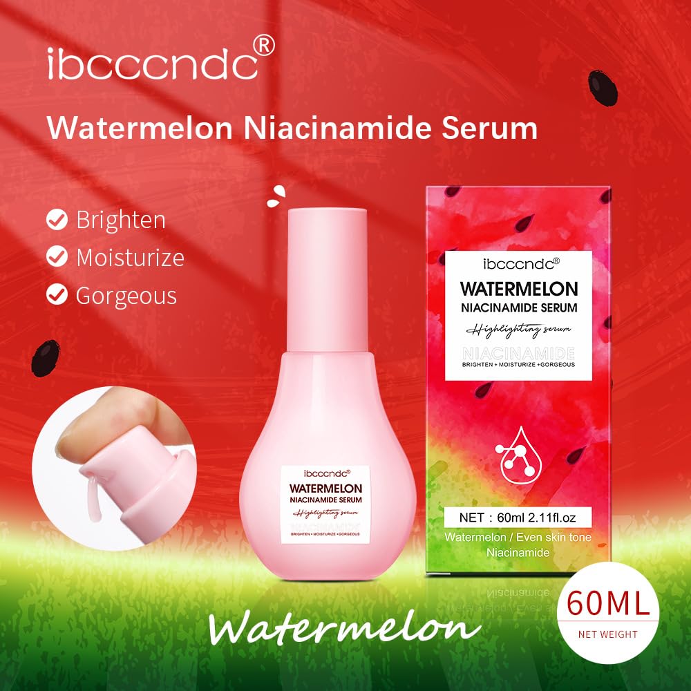 2 Pcs Watermelon Niacinamide Moisturize Serum, Hydrating Lightweight Glow Face Priming Liquid Highlighter