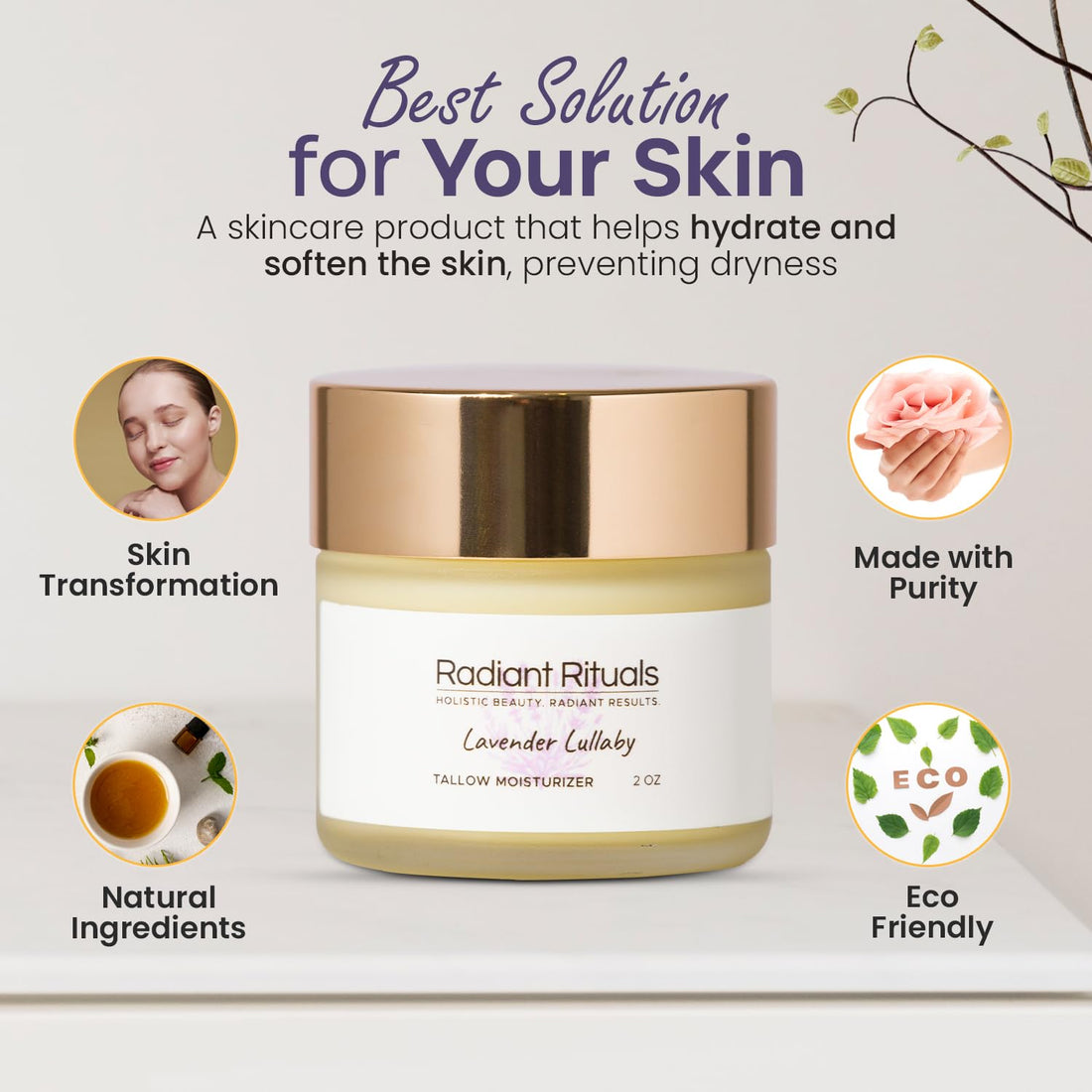 Organic Grass-Fed Beef Tallow Balm w/ Raw Honey, Beeswax, Coconut Oil, Shea Butter, Jojoba Oil - Moisturizer Cream for Face - Non Toxic Skincare for Sensitive Dry Skin, Hydration - (Lavender)
