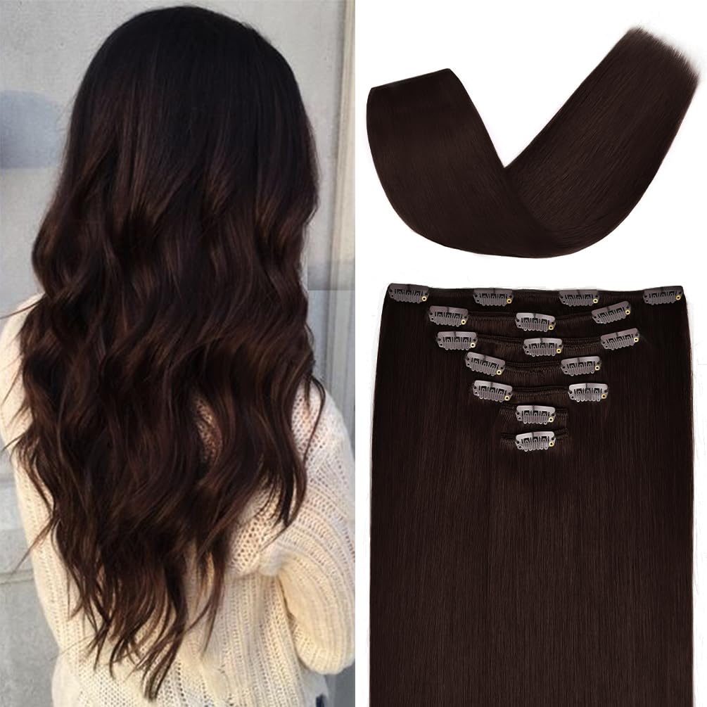 18 inches Clip in Extensions Real Human Hair - 70g 7pcs 16 Clips Straight 100% Remy Human Hair Extensions for Women Dark Brown #2 Color