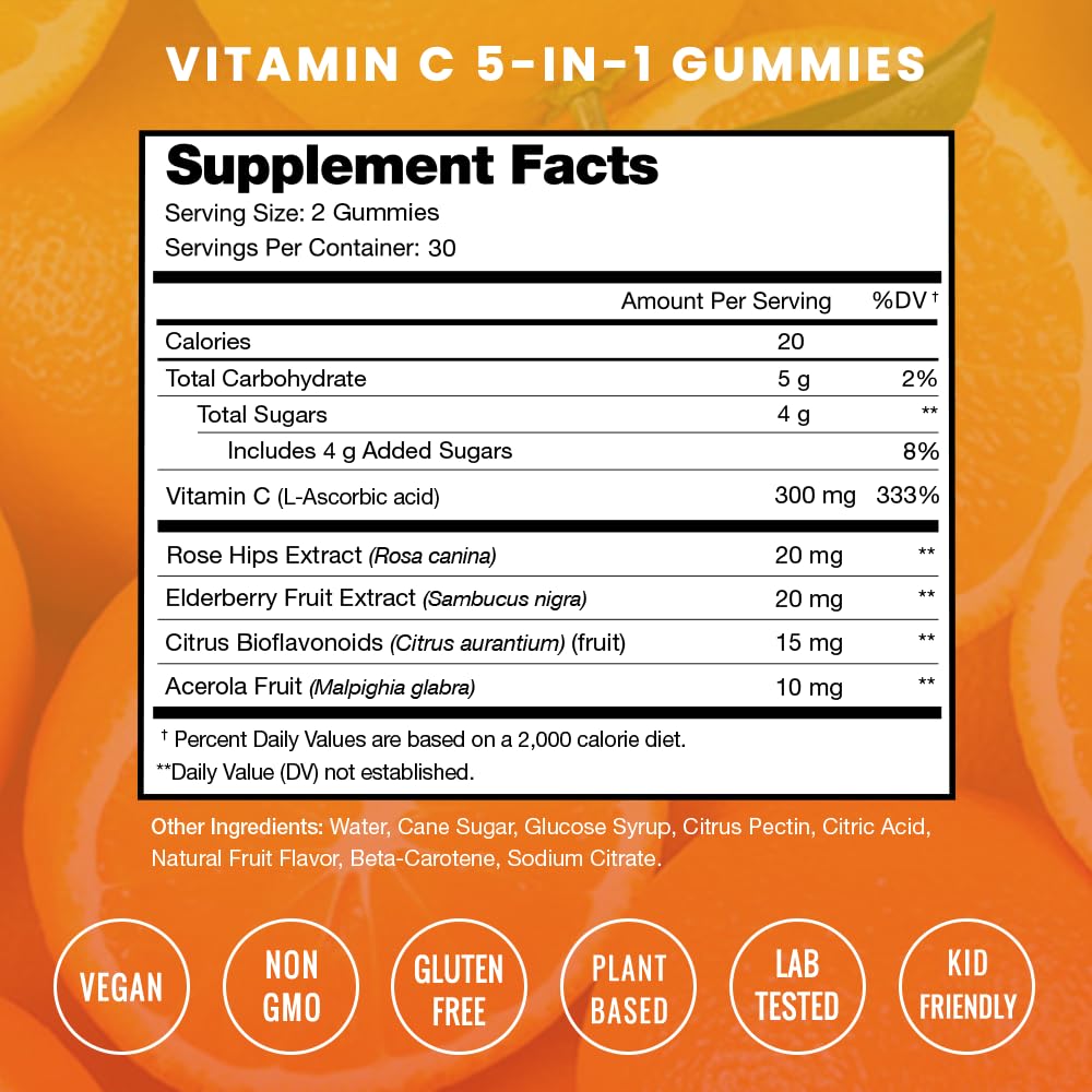 NutraChamps Vitamin C Gummies for Adults & Kids, 5-in-1 Immune System Support with Elderberry, Rosehips, Citrus Bioflavonoids & Acerola Cherry, Immunity Booster Supplement (Pack of 2)