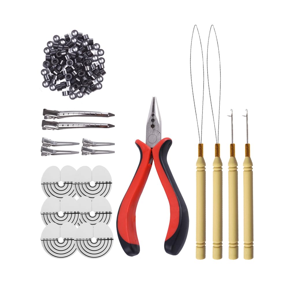200pcs Silicone Micro Rings Hair Extensions Tools Kit: Three-hole Hair Pliers, Micro Pulling Hook Needle, Loop Threader and Silicone Micro Links (Black)