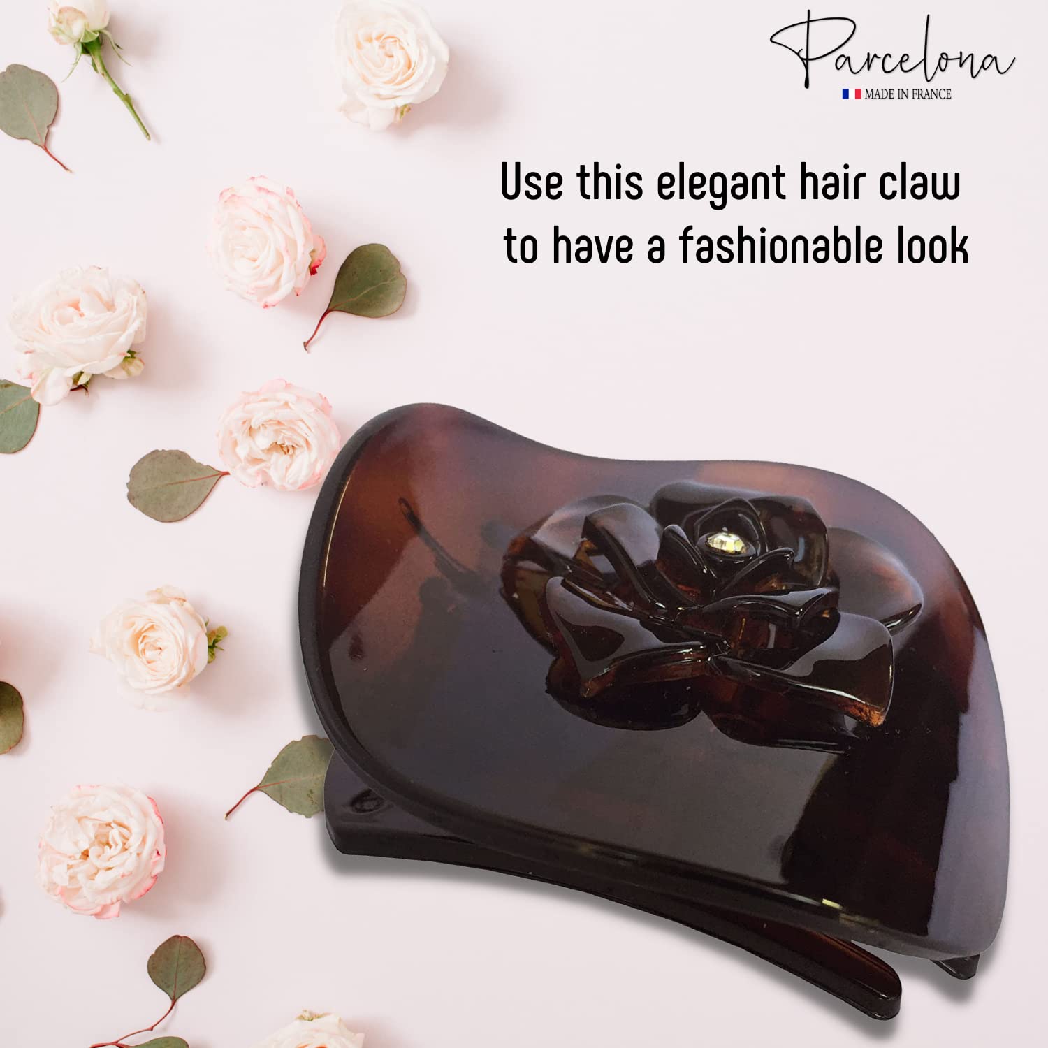 Parcelona French Onde Crystal Flower Shell Brown Round Celluloid Side Slide in Beak Style Hair Slider Claw Clip 2 3/4 Inch