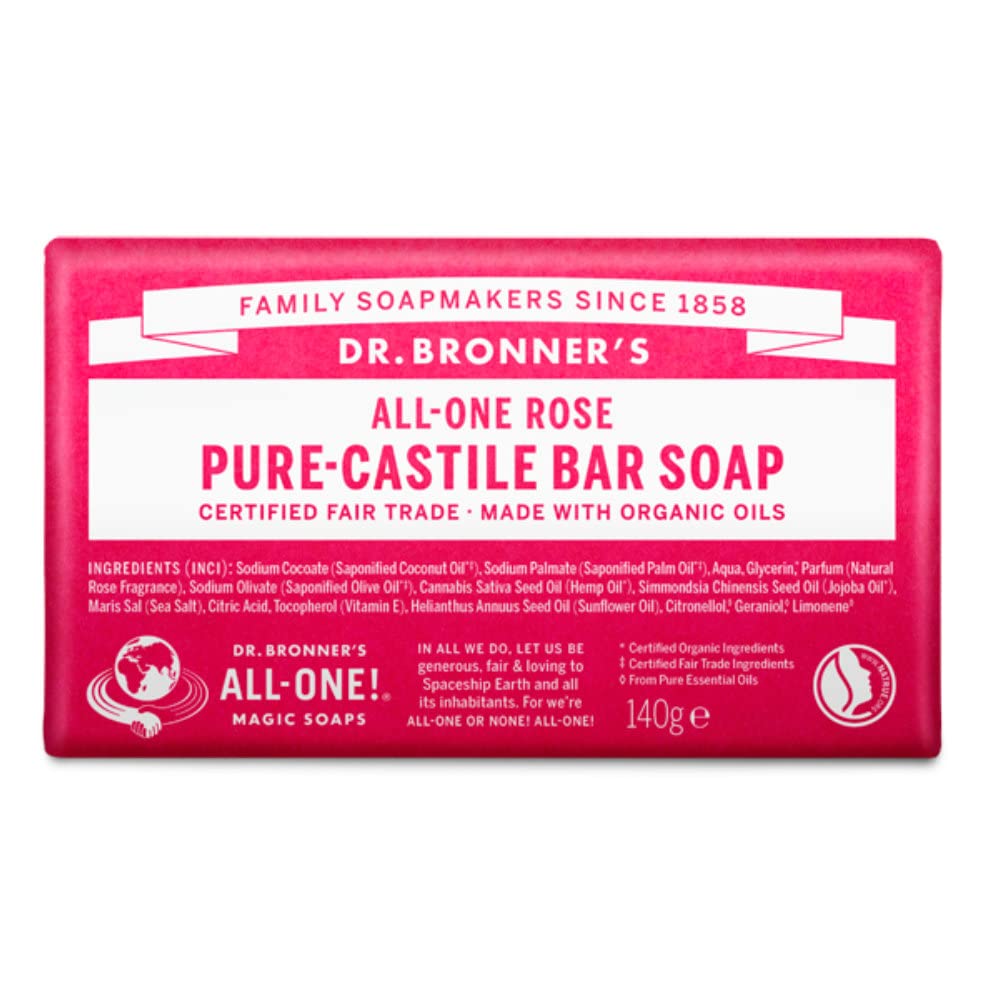 Dr. Bronner's - Pure-Castile Bar Soap (Rose, 5 ounce) - Made with Organic Oils, For Face, Body and Hair, Gentle and Moisturizing, Biodegradable, Vegan, Cruelty-free, Non-GMO