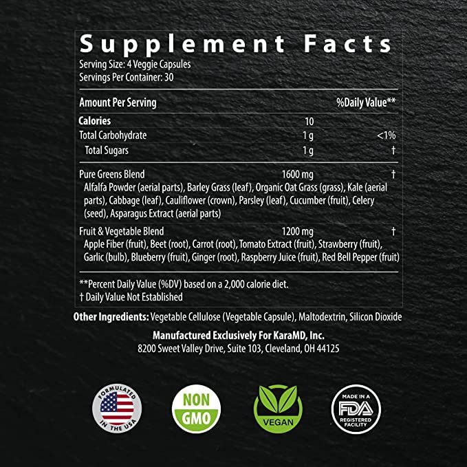 KaraMD Pure Nature | Greens, Fruits & Vegetables Whole Food Supplement | Vitamins, Fiber & Antioxidants | Support Energy & Digestion | Non-GMO, Gluten Free & Vegan Friendly (30 Servings)