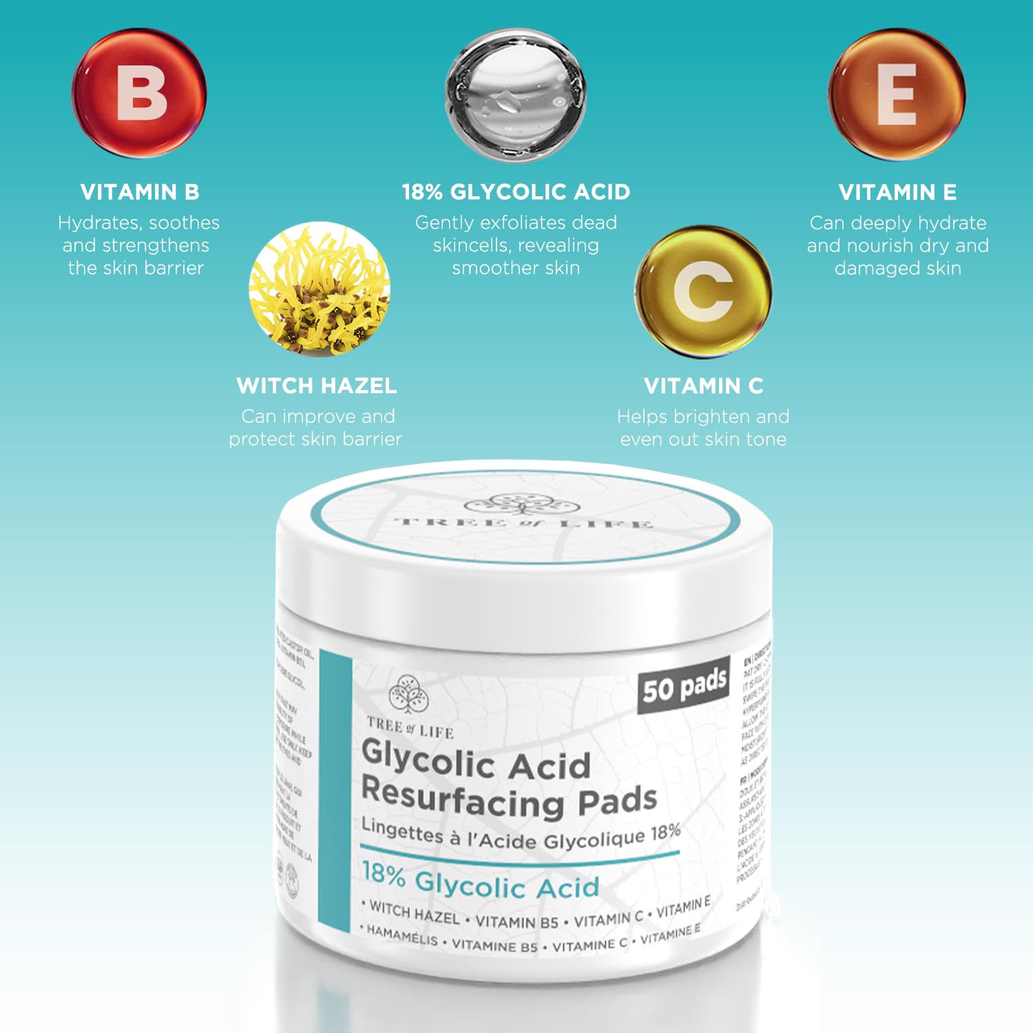 Tree of Life Beauty 18% Glycolic Acid Pads for Face (50 Pads) - Exfoliating Pad for Face with Witch Hazel, Vitamin C, Vitamin B5 and Vitamin E - Smooth Pore Pad Reduce Pigmentation and Fine Lines