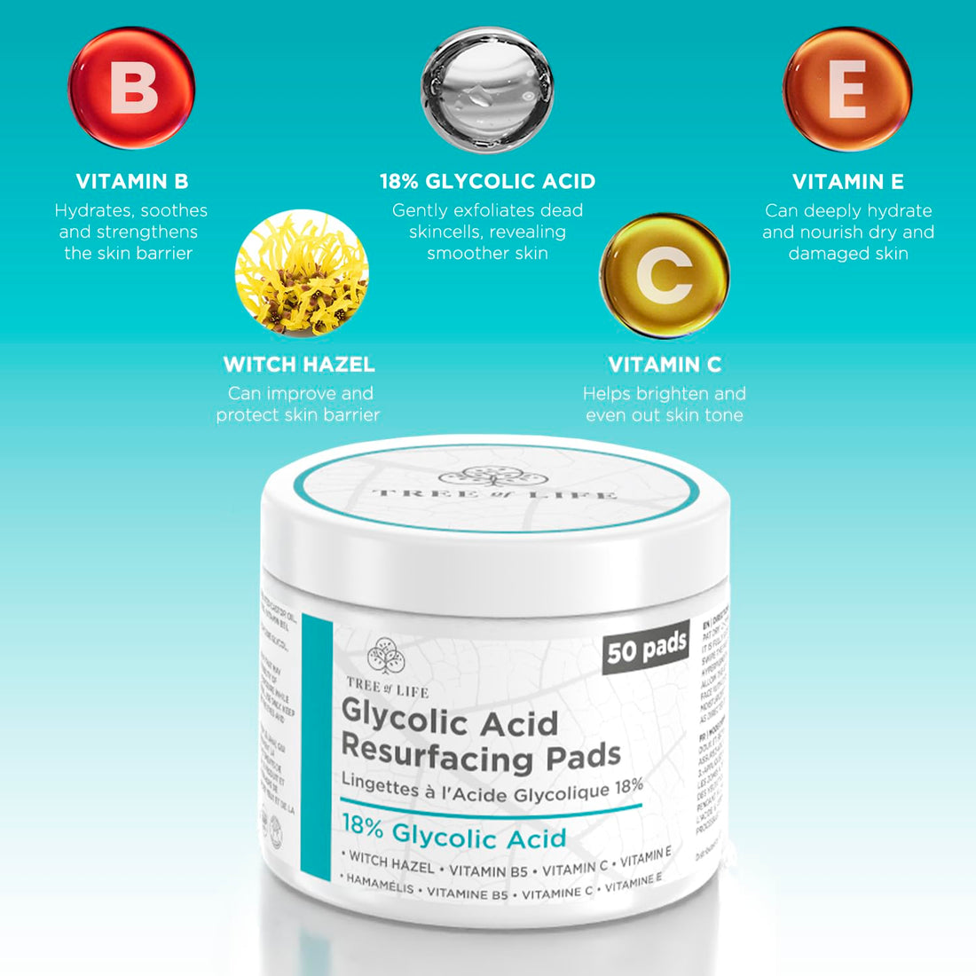 Tree of Life Beauty 18% Glycolic Acid Pads for Face (50 Pads) - Exfoliating Pad for Face with Witch Hazel, Vitamin C, Vitamin B5 and Vitamin E - Smooth Pore Pad Reduce Pigmentation and Fine Lines