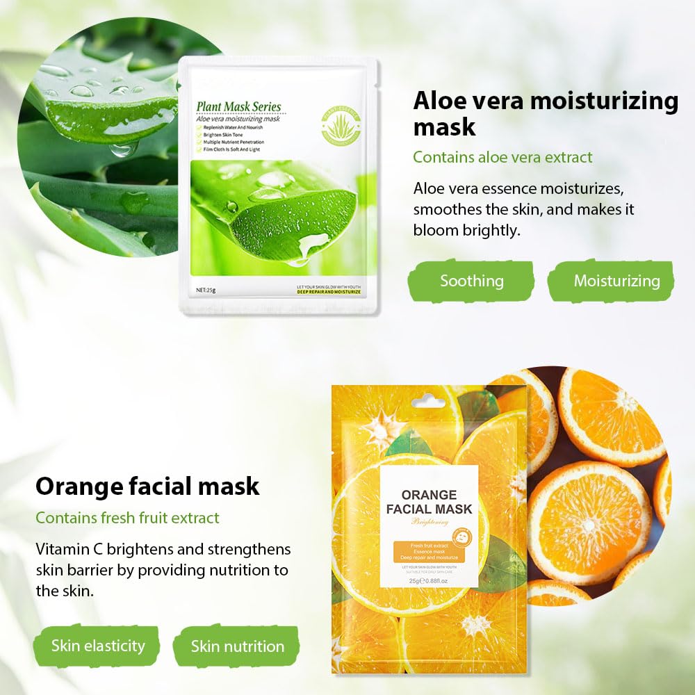 6 PCS Real Nature Hydrating Green Tea Honey Aloe Vera Face Mask skincare, Hyaluronic Acid, Vitamin C and E, Chamomile, Korean Beauty Essence Facial Paper Sheet Mask for SkinCare Moisturizing(Set01)