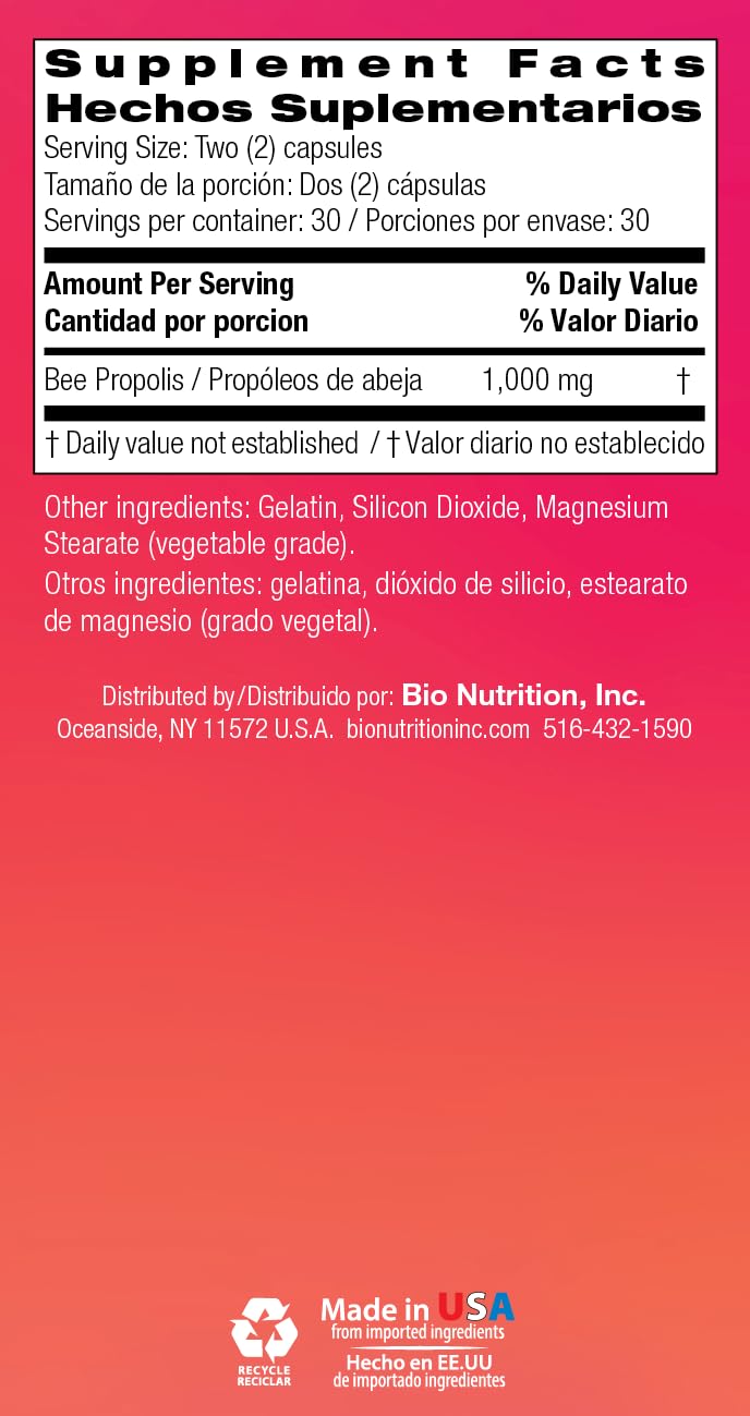Bio Nutrition Bee Propolis, Natural Defense Immune Support Supplement Capsules 1000 Mg, 60 Ea, 60 Count