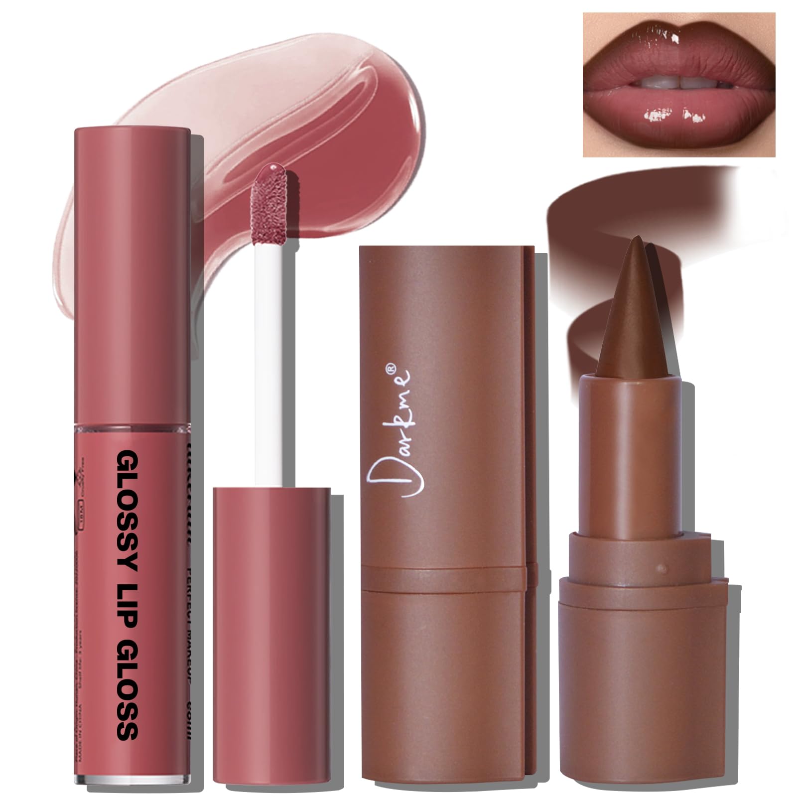 HOSAILY Lip Liner and Gloss Set, Dark Brown Plumping Lip Liner Lip Pencil Moisturizing Lightweight Lip Gloss Lip Combo, High Shine Glossy Lip Tint Lip Stain Makeup Long Lasting Lip Care for Women