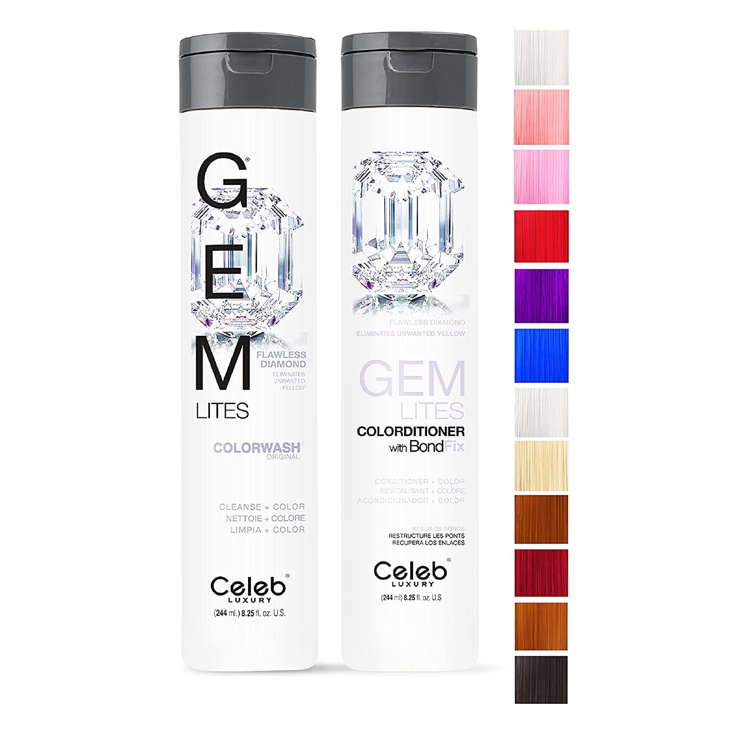 Celeb Luxury Gem Lites Duo Color Depositing Colorwash Shampoo & Conditioner Set + Bondfix Bond Rebuilder, Semi Permanent Hair Color, Vegan Hair Dye, Flawless Diamond