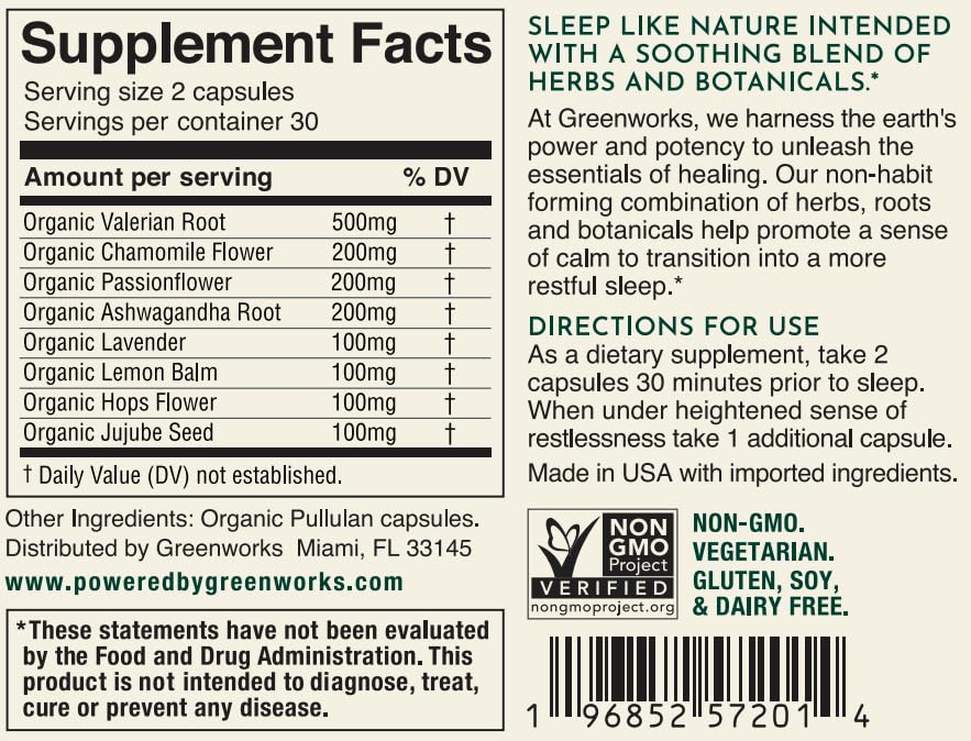 Greenworks Nature's Rest - Advanced Daily Sleep Support with Valerian, Chamomile, Passionflower, Ashwagandha, Lavender, Lemon Balm, Hops Flower & Jujube Seed - Organic, Vegan, Non-GMO (30 Servings)