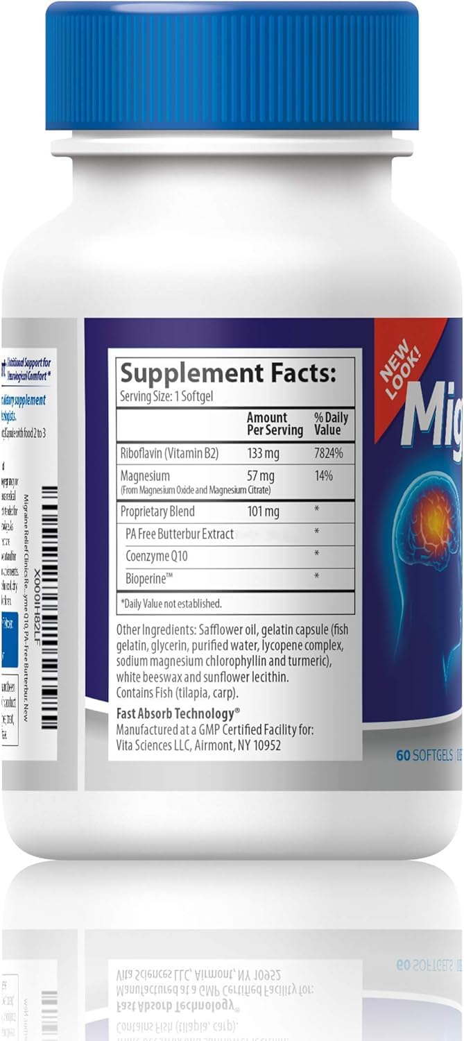 Vita Sciences Migravent Migraine Relief Supplement w/Vitamin B2, Riboflavin, Magnesium, Coenzyme CoQ10, PA-Free Butterbur, Bioperine, Premium Herbal Extracts 60 Count