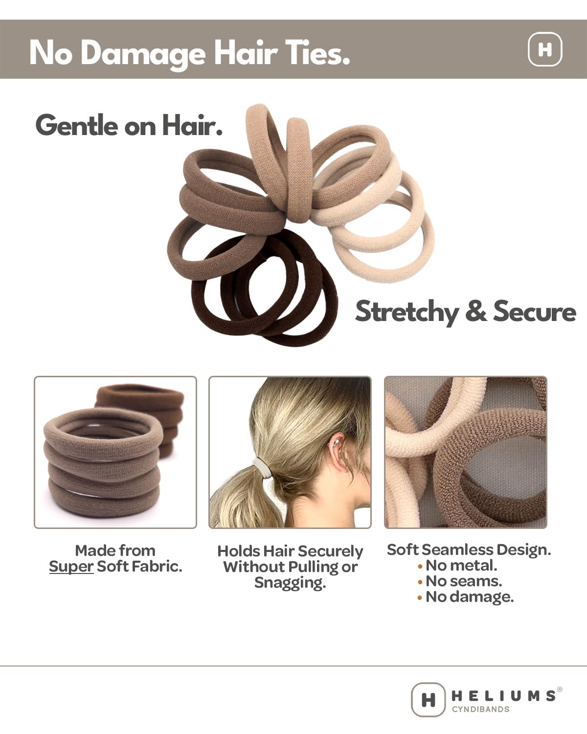 Heliums Soft Hair Ties - No Damage Seamless Nylon Fabric Bands, Stretchy Ponytail Holders for Thin & Thick Hair - Standard 1.5 Inch, Sandy Blonde, 20 Pack
