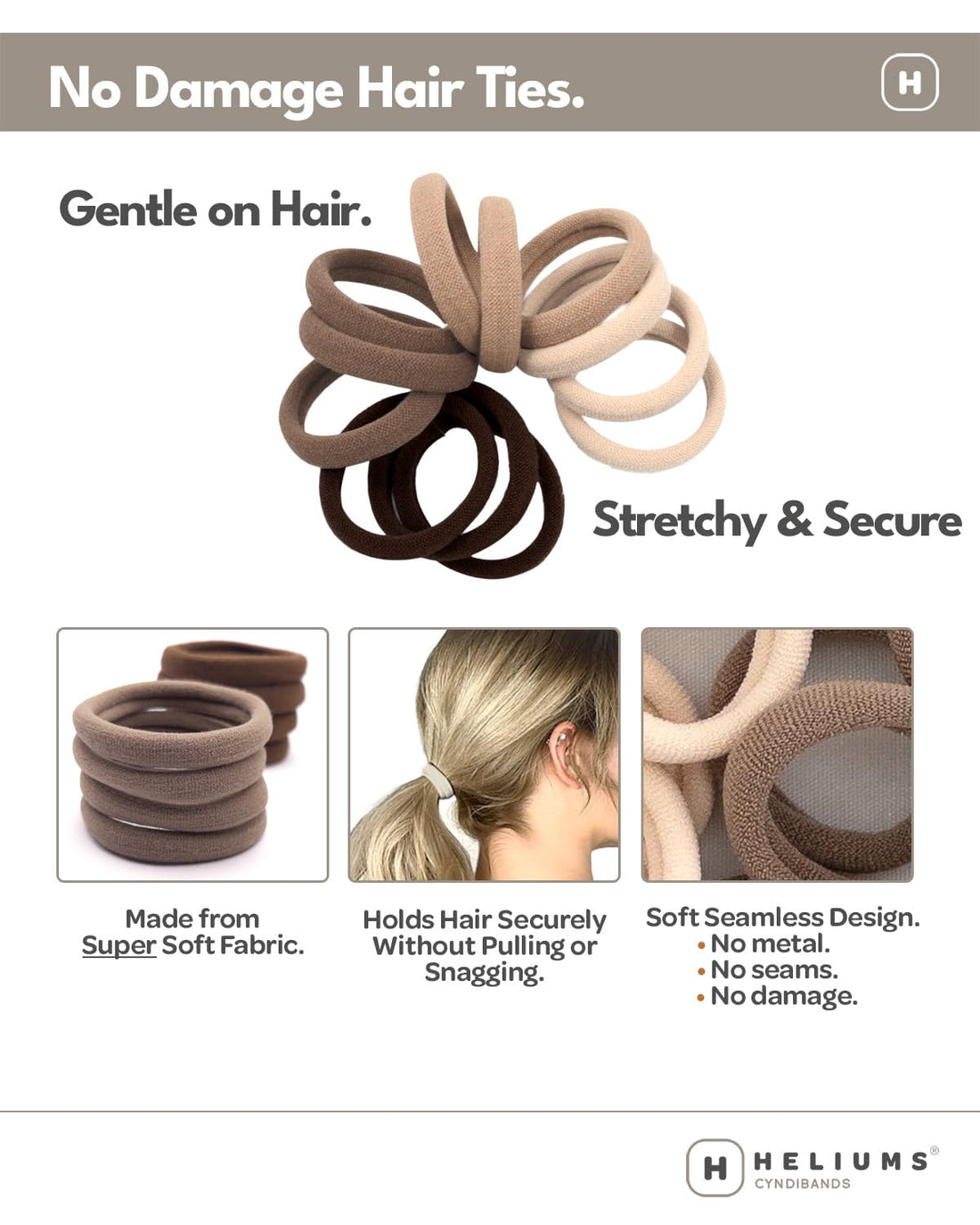 Heliums Soft Hair Ties - No Damage Seamless Nylon Fabric Bands, Stretchy Ponytail Holders for Thin & Thick Hair - Standard 1.5 Inch, Sandy Blonde, 20 Pack
