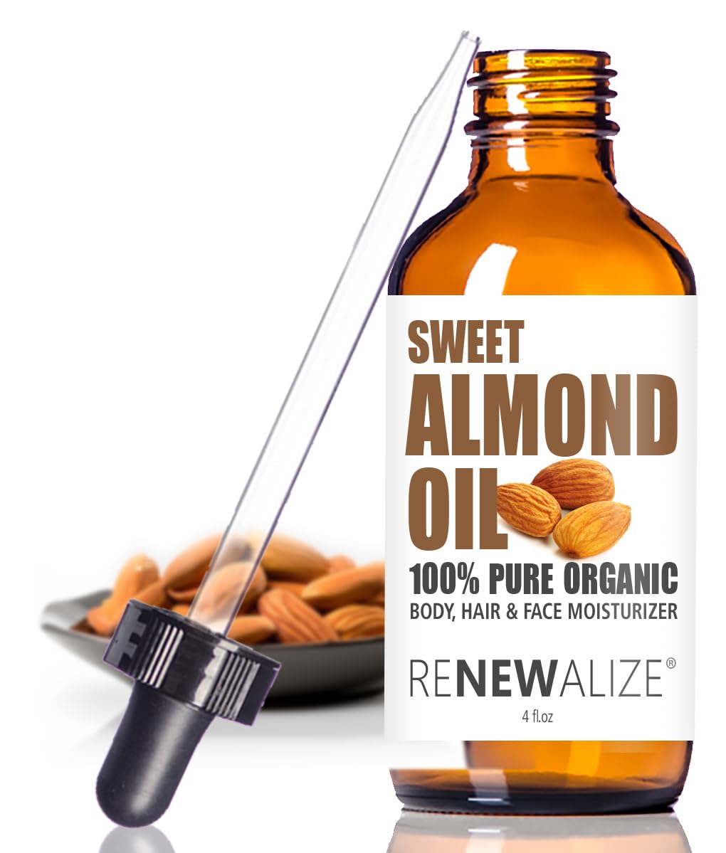 Organic Sweet Almond Oil MOISTURIZER - in 4 oz Glass Bottle with Dropper | Unrefined Cold Pressed Skincare Lotion | Essential Natural Personal Massage Oils for The Skin and Body