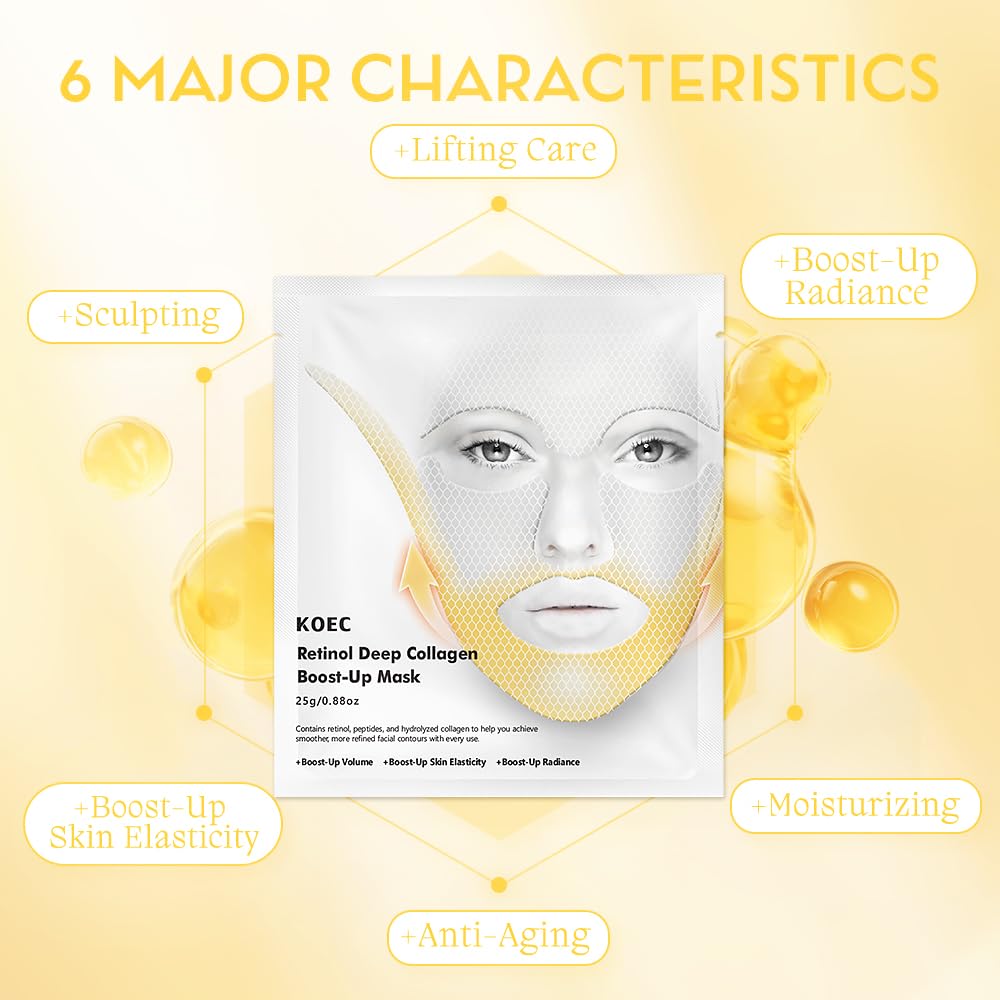 Deep Collagen Retinol Face Mask 4pcs - Instant V-Line Lifting & Tightening Mask for Wrinkles | Anti-Aging Sheet Mask with Collagen + Retinol | Korean Skincare for Smile Lines & Forehead