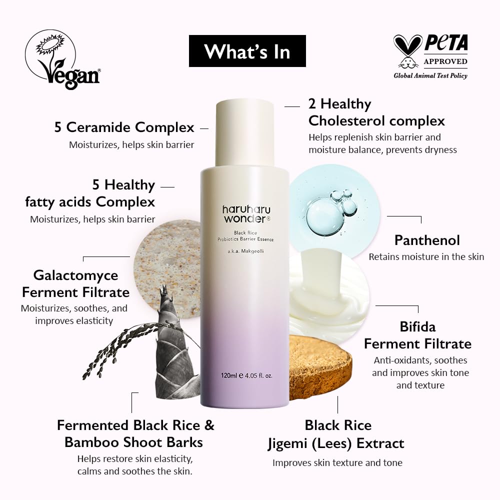 haruharu Wonder Black Rice Probiotics Barrier Essence 1.01 fl. oz., Travel Size Essence Toner to Strengthen Skin Barrier with Ceramides, Fermented Ingredients, Soothing, Moisturizing, Plumping