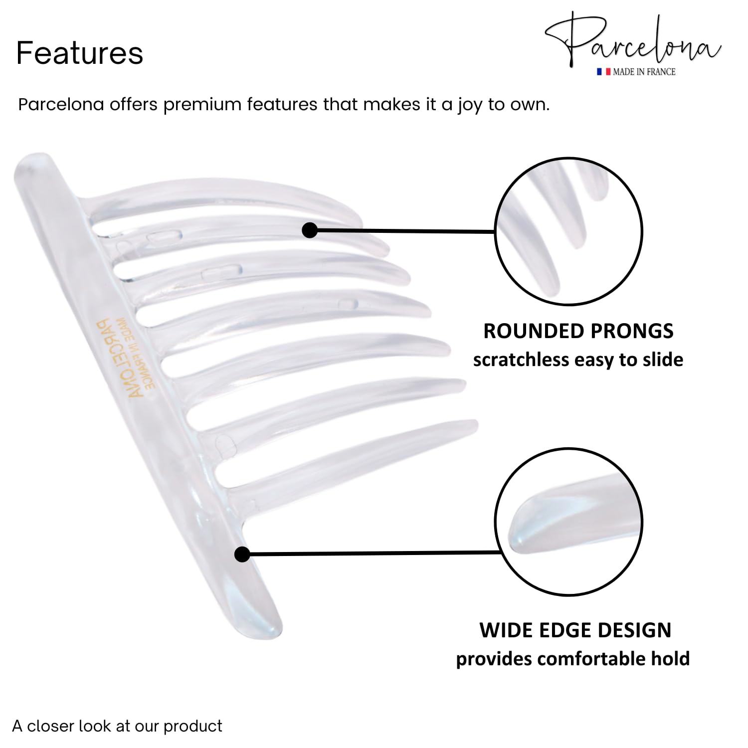 Parcelona French Twist 7 Teeth Clear Large 4 Celluloid Made in France Set of 2 Side Hair Combs for Women and Girls (Clear)