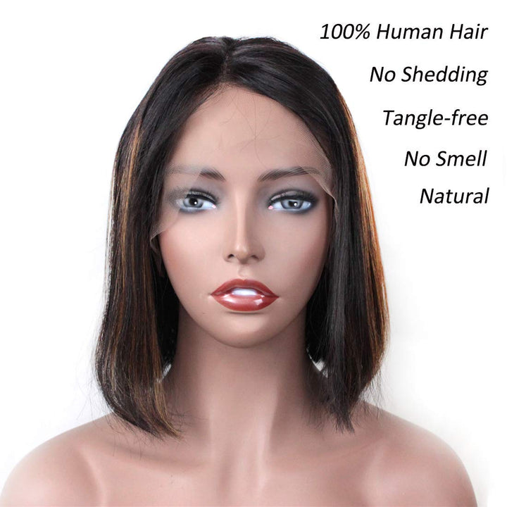 10 inch , #1B/#30 HL : ZANA Short Bob Human Hair Lace Front Wigs Brazilian Virgin Glueless Silk Straight Hair Wigs with Baby Hair for Black Women Highlight Color